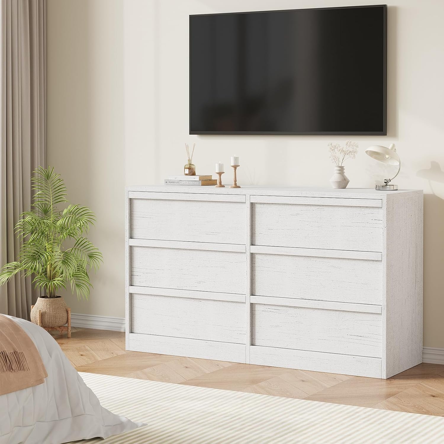 6 Drawer Dresser for Bedroom, 47In Wide Antique White 6 Chest of Drawers with Large Storage, Wooden Dresser Organizer for Living Room, Nursery, Entryway