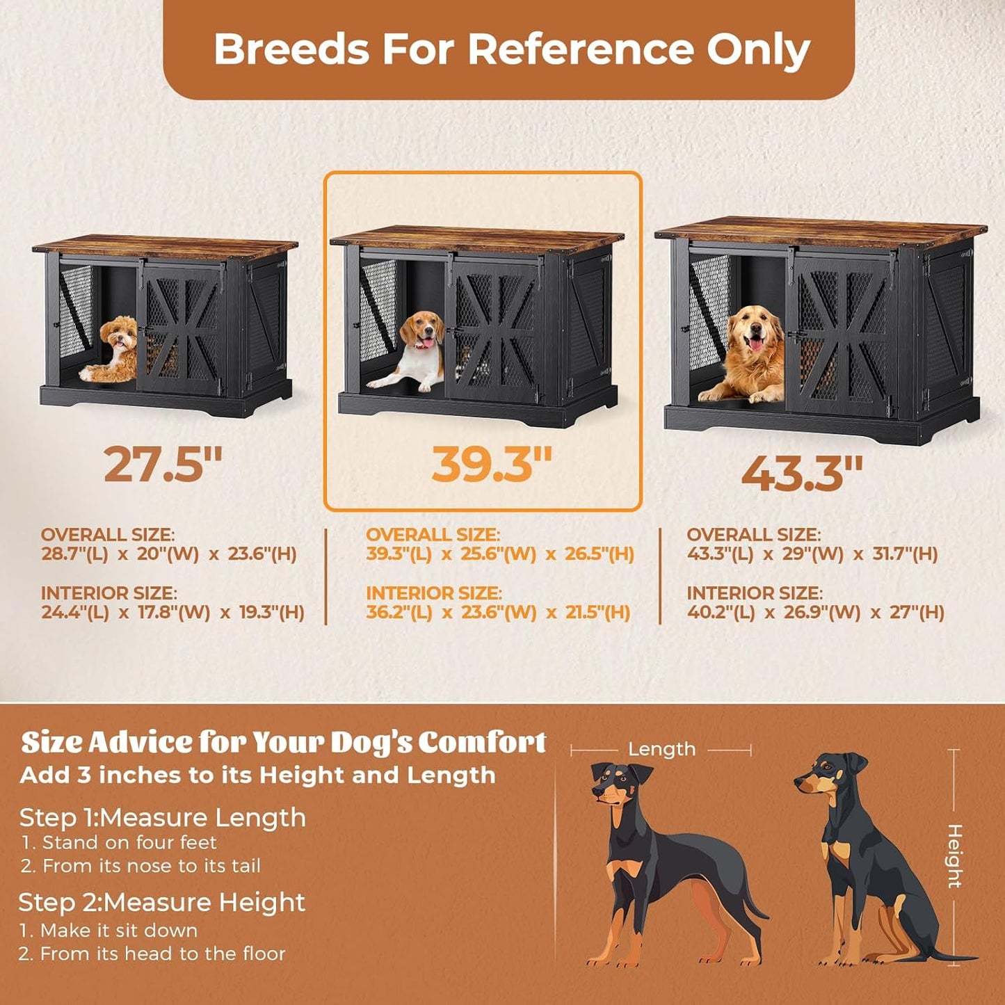 40" Farmhouse Dog Crate Furniture, Heavy Duty Dog Cage for Medium Large Dogs, Wood Dog Crate Dog Kennel Indoor with Double Doors, Chew Resistant End Table for Bedroom Living Room, Black
