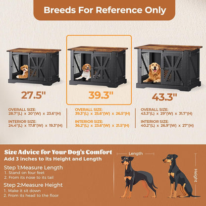 40" Farmhouse Dog Crate Furniture, Heavy Duty Dog Cage for Medium Large Dogs, Wood Dog Crate Dog Kennel Indoor with Double Doors, Chew Resistant End Table for Bedroom Living Room, Black