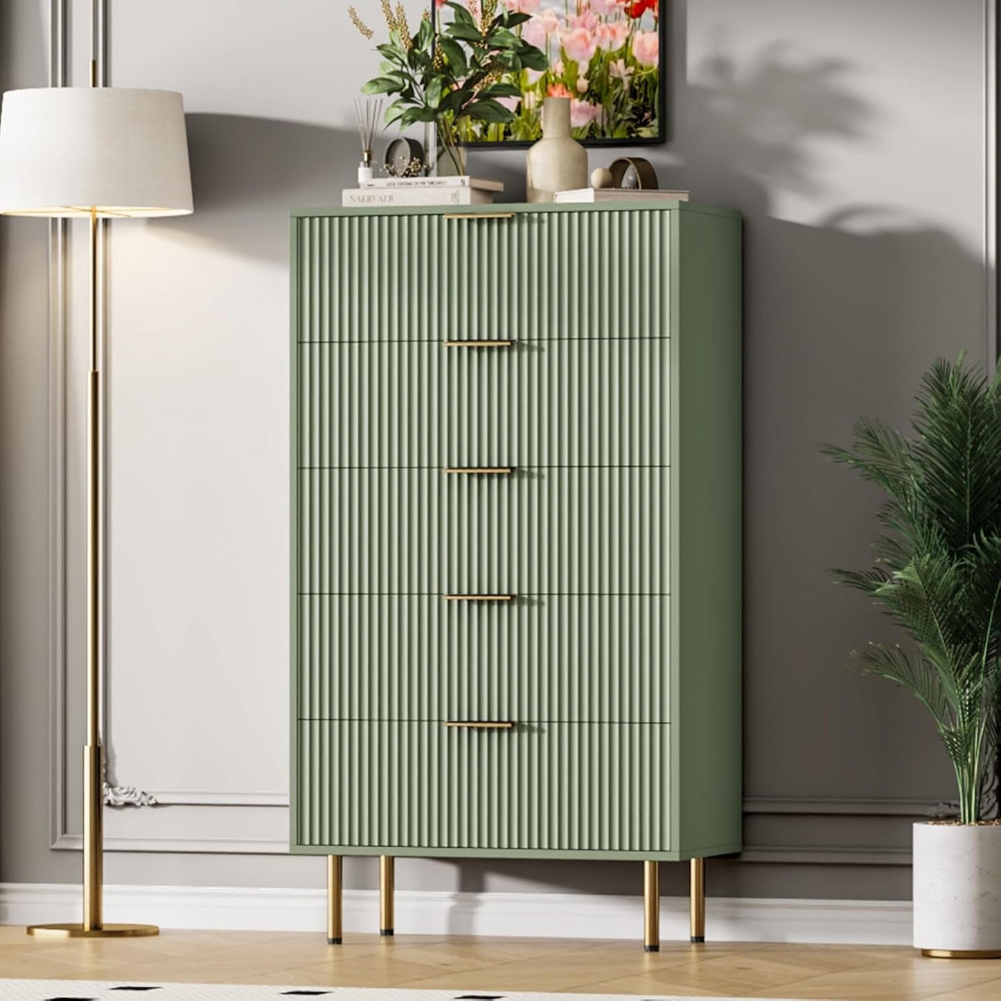 5 Drawers Dresser for Bedroom, Fluted Dresser Chest of Drawers with Handle, Wood Modern Dressers for Closet, Bedroom Furniture Storage Organizer for Living Room, Hallway