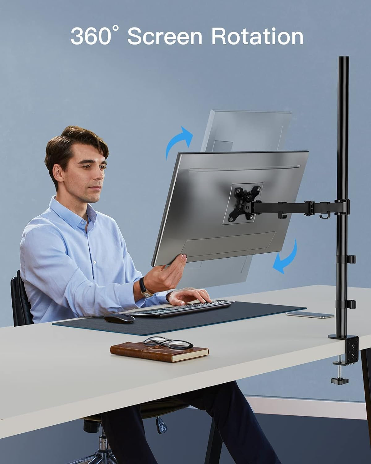 Single Monitor Arm with 39 Inch Extra-Tall Pole, Adjustable Computer Desk Mount for 13–32 Inch Screens and up to 38 Inch Ultrawide Screens, Hold 22 Lbs, Monitor Stand with C-Clamp & Grommt Base