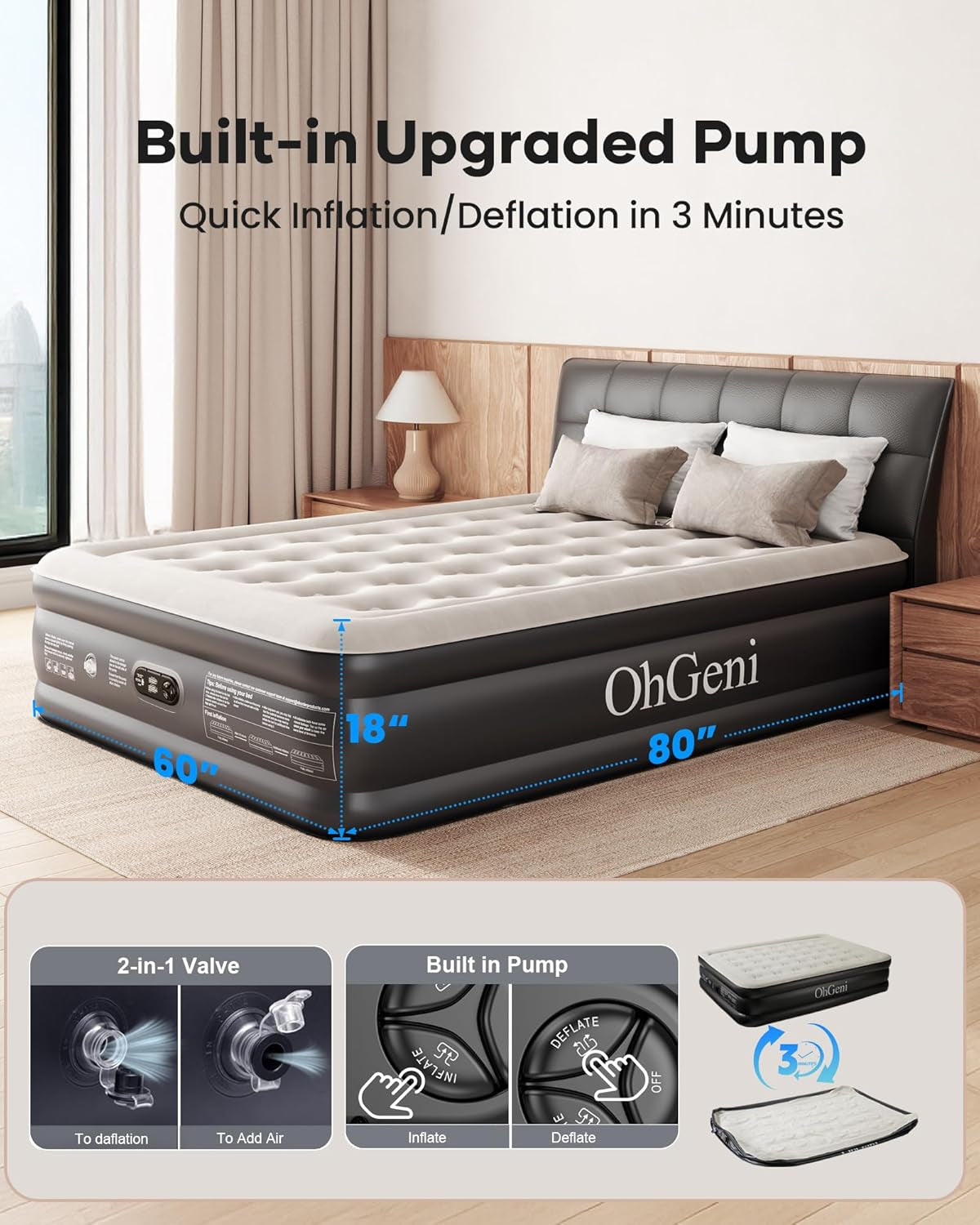 Air Mattress Queen with Built in Pump, 18" Raised Inflatable Blow up Mattress, Upgraded Surface Portable Bed for Home, Camping, Colchone Inflable, Ideal Alternative to a Bed, 1-Pack Only