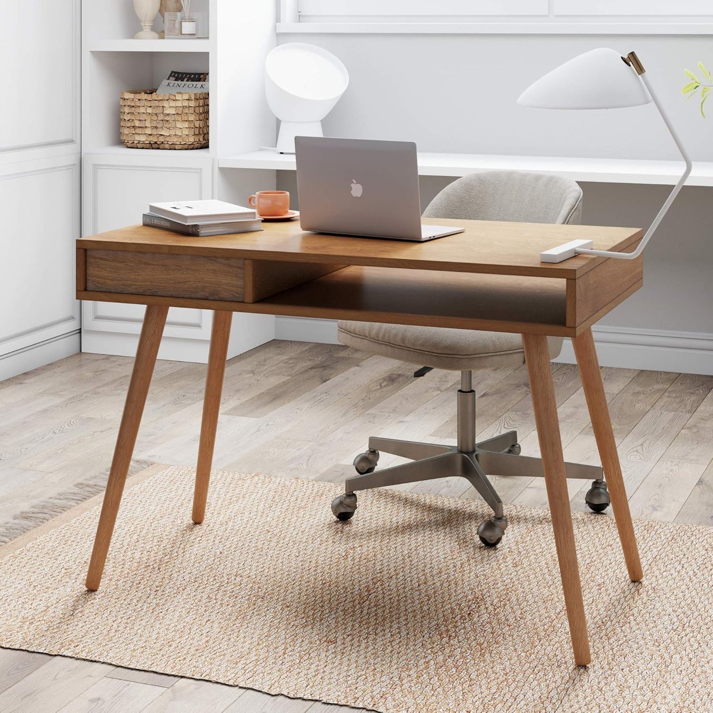 Parker Modern Home Office Writing, Computer or Laptop Desk with Open Storage Cubby and Small Drawer, Walnut