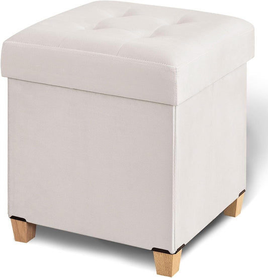 17.7" Square Ottoman with Storage, Storage Ottoman Foot Stool with Lid & Solid Wood Legs, Velvet Ottomans for Living Room, Bedroom, Dorm, White