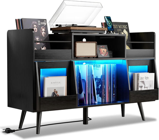 XL Black Record Player Stand,Turntable Stand Shelf with with Power Outlet and LED Light,Vinyl Record Storage Cabinet up to 500 Albums, Wood Record Player Holder Table for Living Room