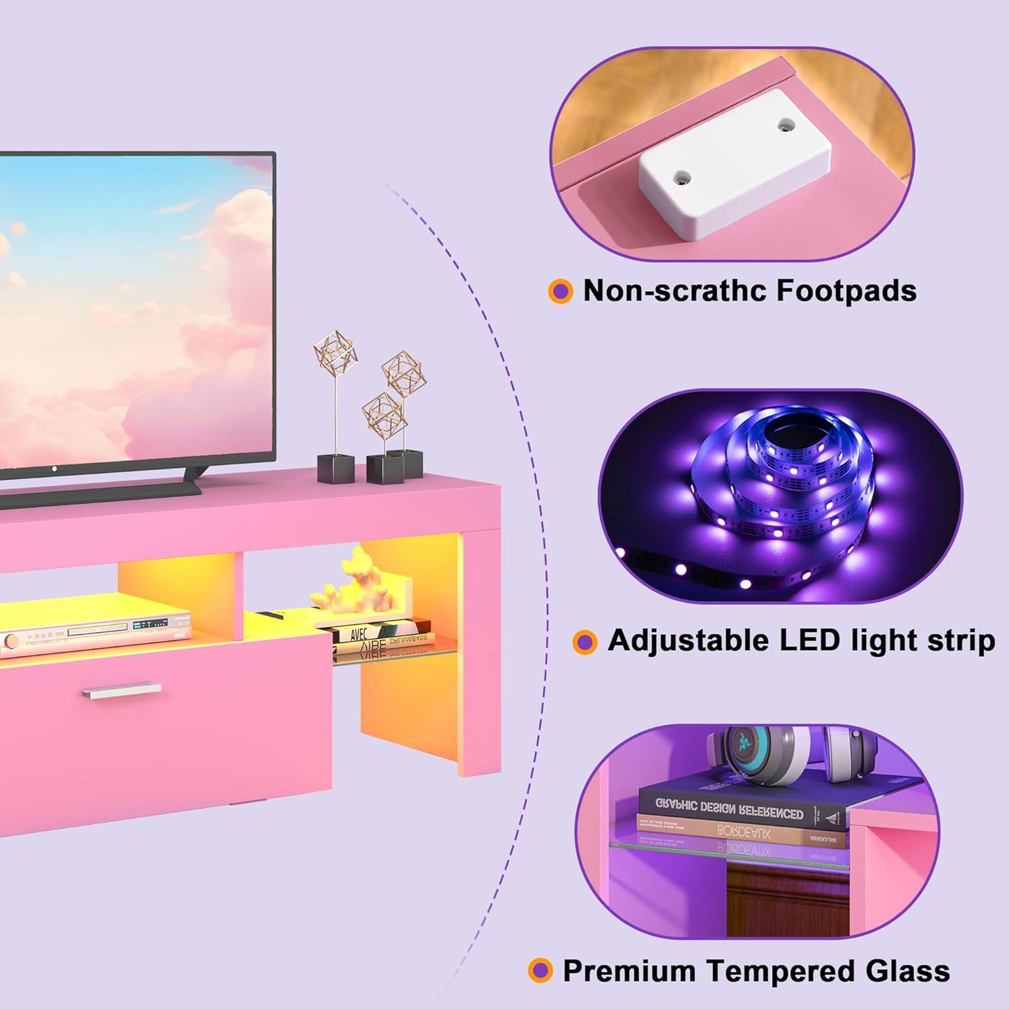 Modern Lighting 51 Inch TV Stand with Large Storage Drawer for 32 40 50 55 Inch Tvs, TV Console with 20 Color LED Lights, Entertainment Center Media and Open Shelf for Bedroom, Pink