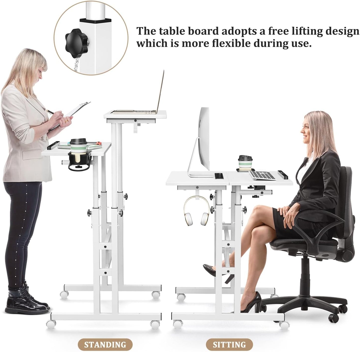 Small Standing Desk with Wheels, Mobile Stand up Desk, Portable Standing Table on Wheels for Walking Pad, Rolling Computer Desk Adjustable Height, Tall Table