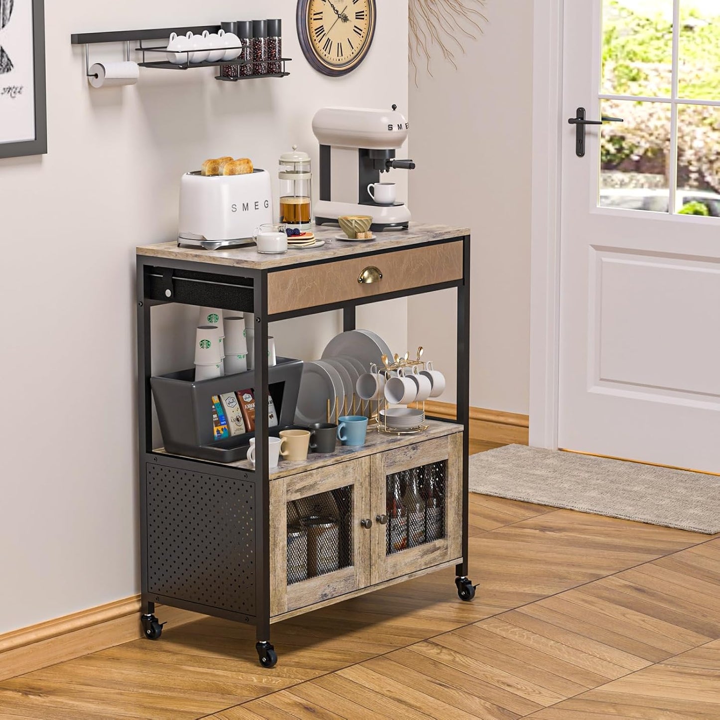 Large Coffee Bar Cabinet，3 Tiers Kitchen Coffee Cart with Drawer for the Home, Movable Farmhouse Station Table on Wheels for Living Room, Entryway, Dining Room, Kitchen