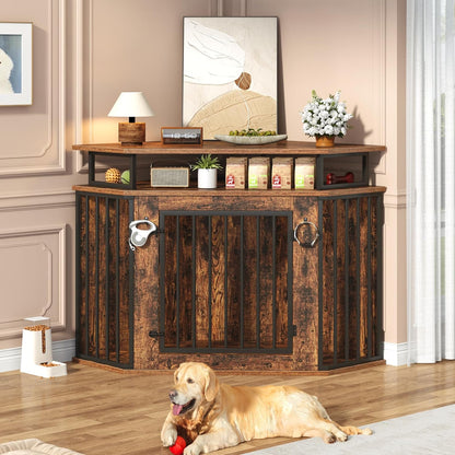 52" Corner Dog Crate Furniture with Storage Shelves, Farmhouse Large Dog Kennel Indoor, Wooden Pet Crate, Heavy Duty, Chew Resistant, 2 Hooks, Rustic Brown