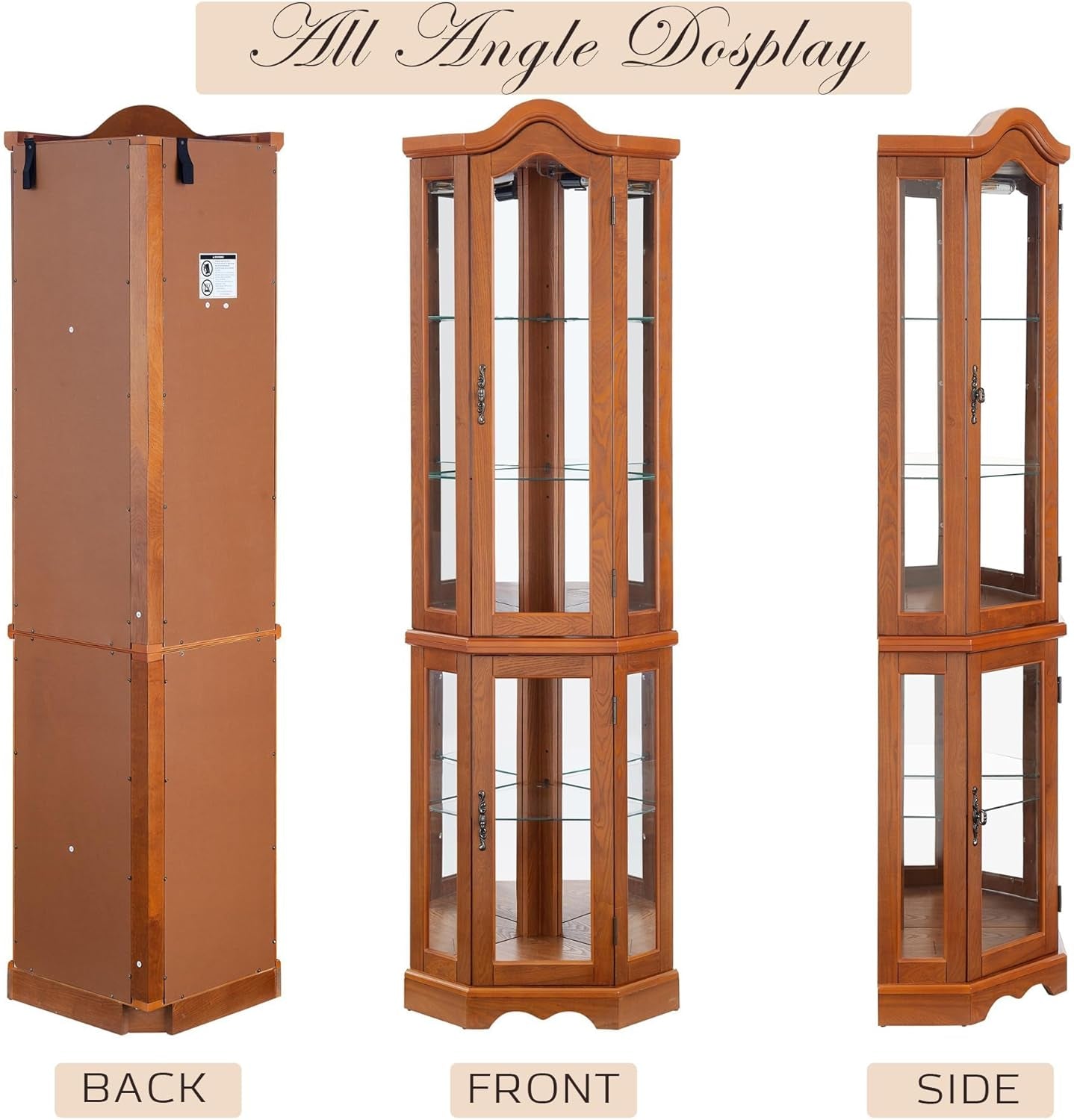 70.5" H Lighted Corner Display Curio Cabinet, Wooden Shelving Unit with Tempered Glass Doors, Bar and Liquor Storage Area, Rack for Living Room (Oak)