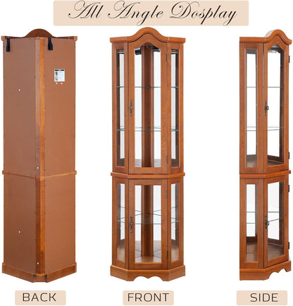 70.5" H Lighted Corner Display Curio Cabinet, Wooden Shelving Unit with Tempered Glass Doors, Bar and Liquor Storage Area, Rack for Living Room (Oak)