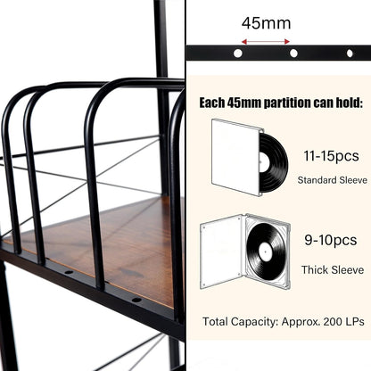 Record Player Stand with 4 Adjustable Dividers, Vinyl Record Storage Holds 200 Lps, 3 Layer End Table, Multi-Functional Record Player Table for Home, Rustic Brown