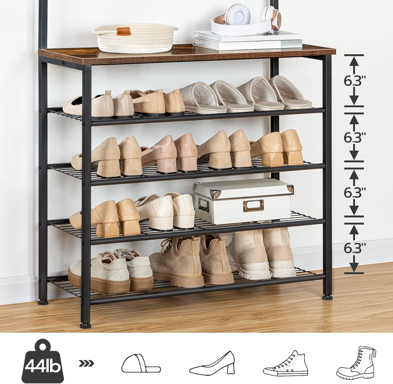 Hall Tree, Coat Rack with Shoe Rack, Hall Tree with Bench, 5 Tier Shoe Storage Organizer with 9 Hooks for Entryway, Closet, Sturdy, Industrial, Rustic Brown and Black BF80MT01G2