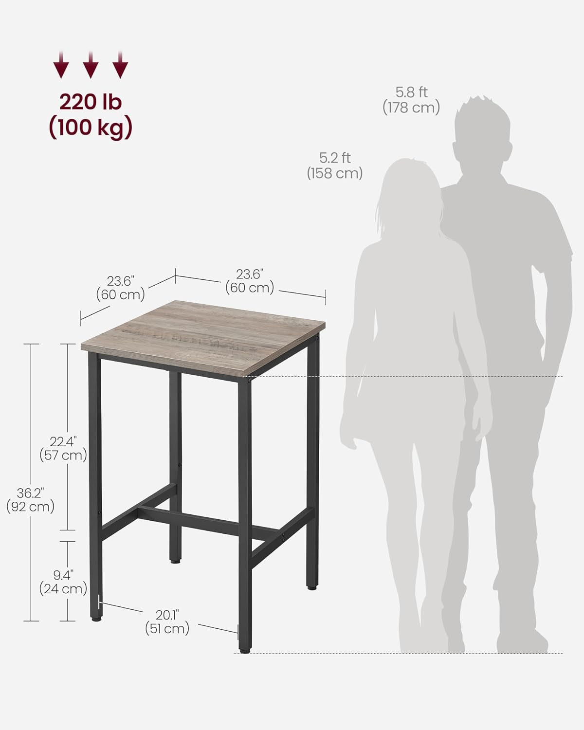 Bar Table, Small Kitchen Dining Table, High Top Pub Table, Height Cocktail Table for Living Room Party, Sturdy Metal Frame, 23.6 X 23.6 X 36.2 Inches for Narrow Spaces, Vintage White and Black