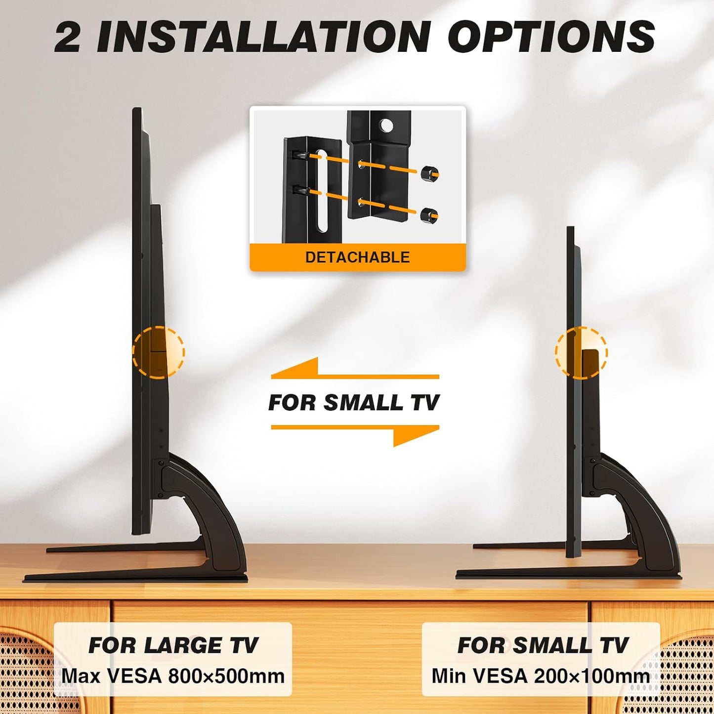 TV Stand Mount, Universal TV Stand Tabletop for 22 to 65 Inch Plasma LCD LED Flat Screen Tvs, Strong TV Legs Holds up to 88Lbs, Height Adjustable TV Base, Max VESA 800 X 500Mm