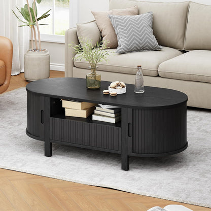 47.2 Inch Oval Coffee Table with Storage, Mid Century Modern Coffee Table with Drawer, Center Table with Sliding Door and Wood Fluted Handle for Living Room, Black