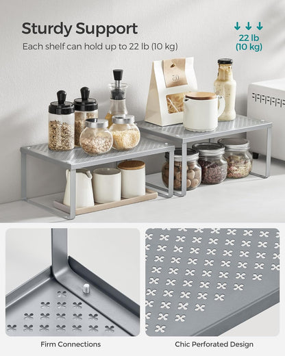 Spice Racks, Set of 2 Metal Cabinet Shelf Organizers, Countertop Organizers, Shelf Risers, Stackable, Expandable, Silver UKCS01SV