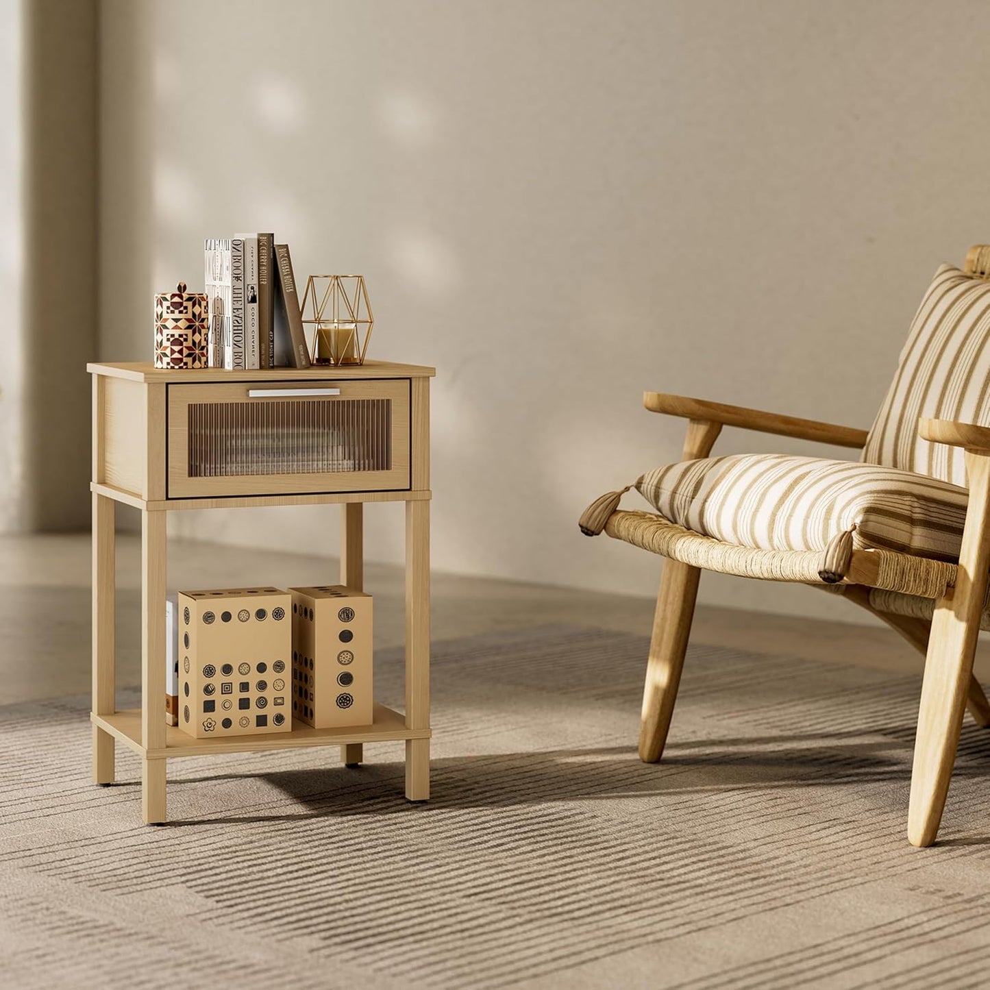 Nightstand Wooden Bedside Table with Drawer Natural Wood Night Stands Modern Style Small End Table Side Table with Storage Shelf for Bedroom Living Room MLBZ10YEV