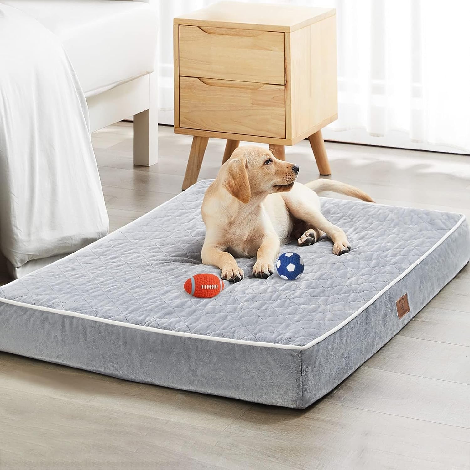 Orthopedic Waterproof Extra Large Dogs Bed with Removable Washable Cover, Multi-Needle Quilting XL Crate Bed for Large Sized Dog, Light Grey