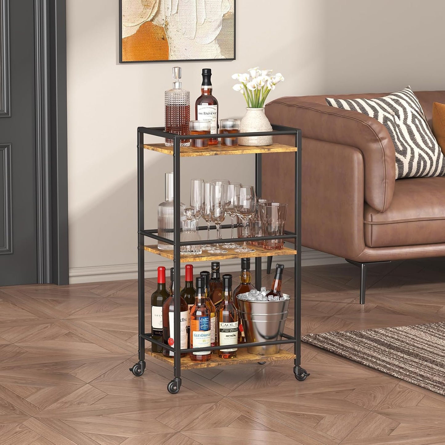 Bar Cart for the Home, 3 Tier Small Rolling Wine Cart, Drink Serving Cart with Lockable Wheels, Mini Liquor Utility Cart for Kitchen Dining Living Room, 17" X 11.8" X 32.1", Rustic Brown