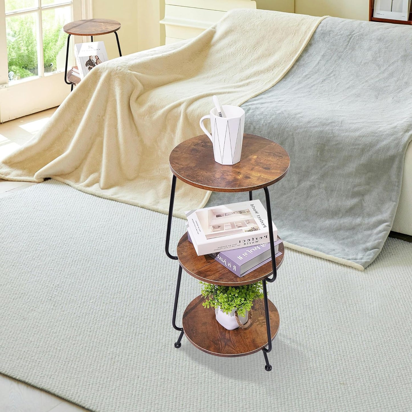 Small Side Table, 3 Tier round End Table Slim Accent Table Industrial Vintage Nightstand, Metal Frame and Rustic Wood Coffee Table for Small Spaces, Bedroom, Living Room (Brown)