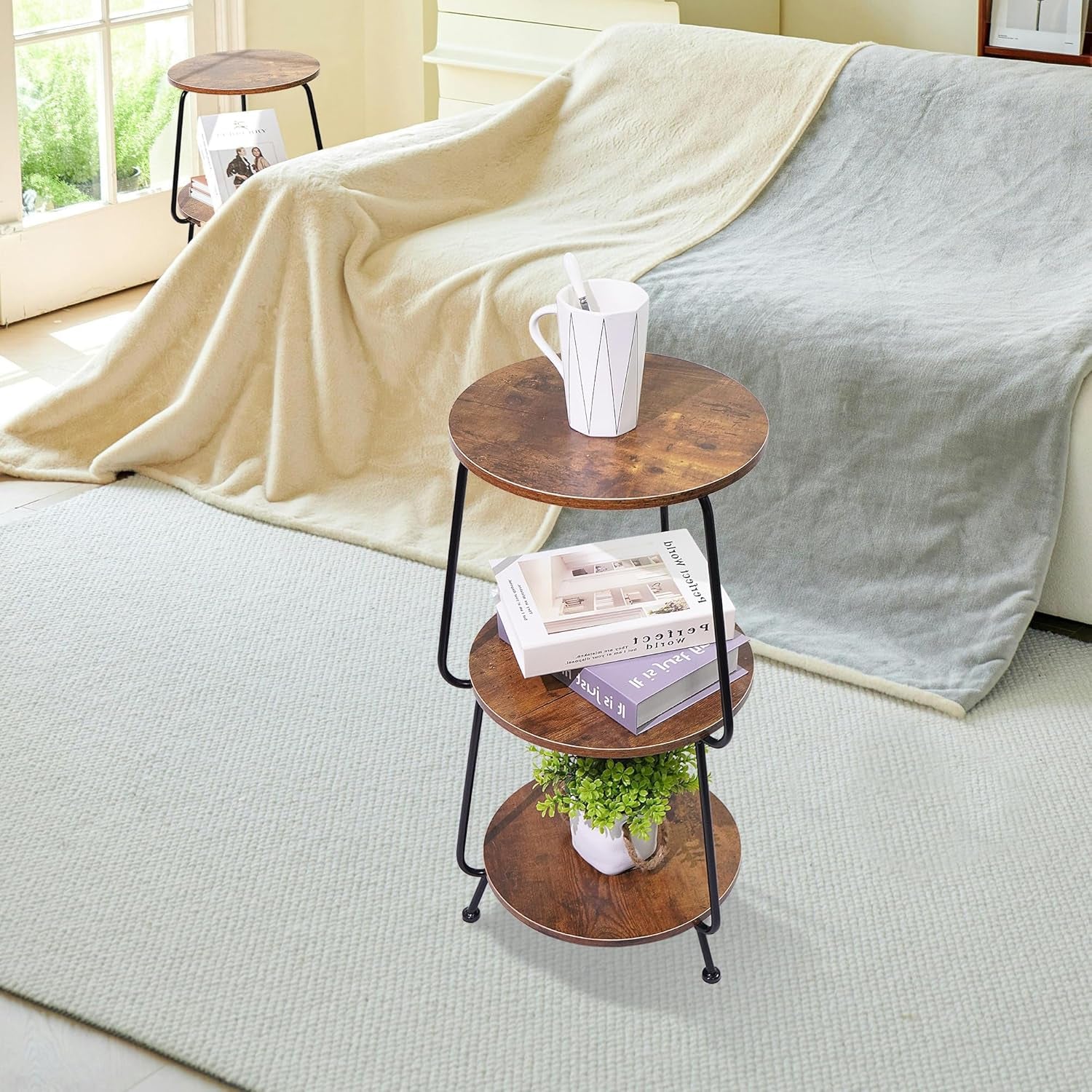 Small Side Table, 3 Tier round End Table Slim Accent Table Industrial Vintage Nightstand, Metal Frame and Rustic Wood Coffee Table for Small Spaces, Bedroom, Living Room (Brown)