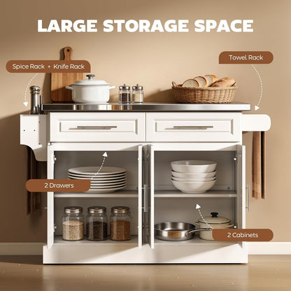 Rolling Kitchen Island Cart with 47" Stainless Steel Top, Portable Island Table for Kitchen with Wheels, Adjustable Shelves, 2 Drawers, Spice, Knife and Towel Rack, White