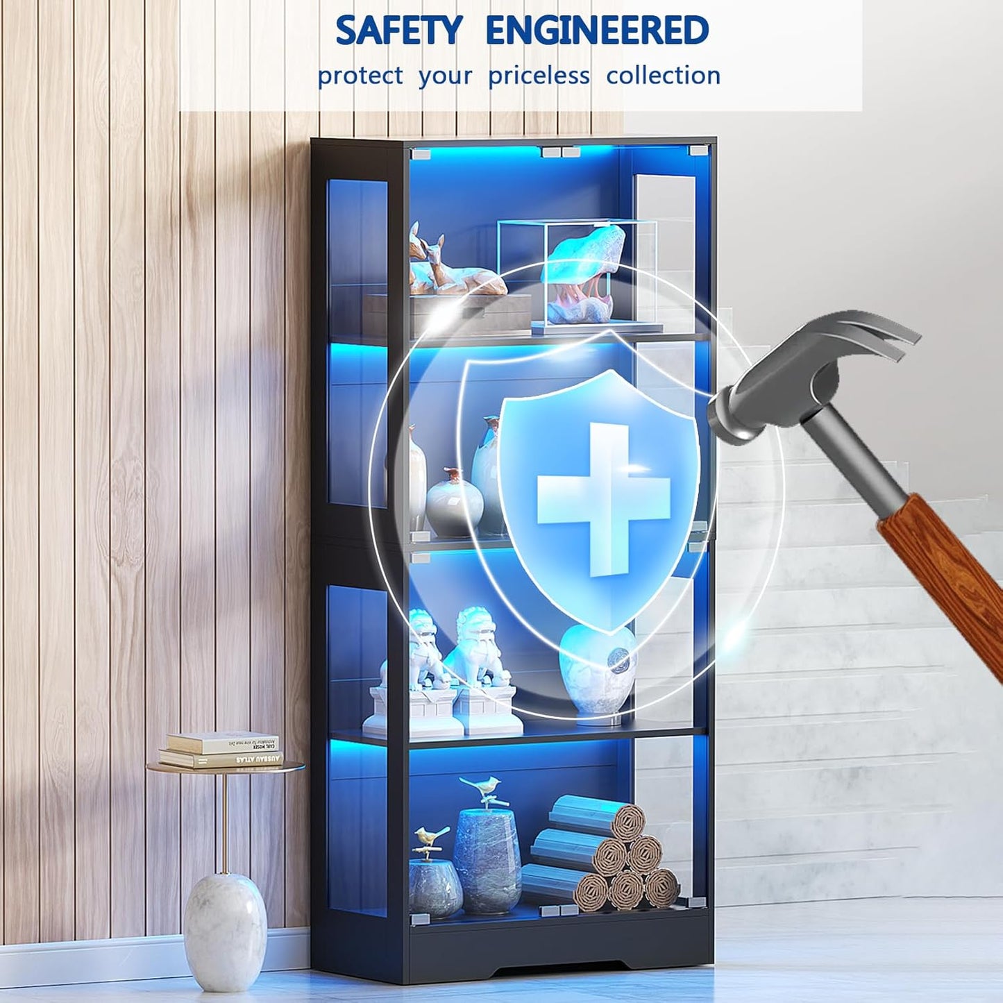 Tempered Glass Display Cabinet 5.5 FT with 3CCT Motion Sensor Light, 4-Tier Curio Case for Collectibles, Storage Woode Shelf with Glass Doors, Bookcase, Showcase, Black