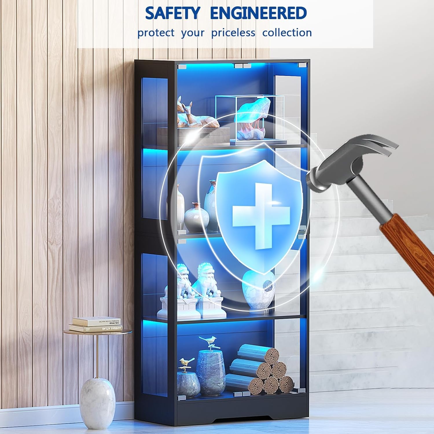 Tempered Glass Display Cabinet 5.5 FT with 3CCT Motion Sensor Light, 4-Tier Curio Case for Collectibles, Storage Woode Shelf with Glass Doors, Bookcase, Showcase, Black