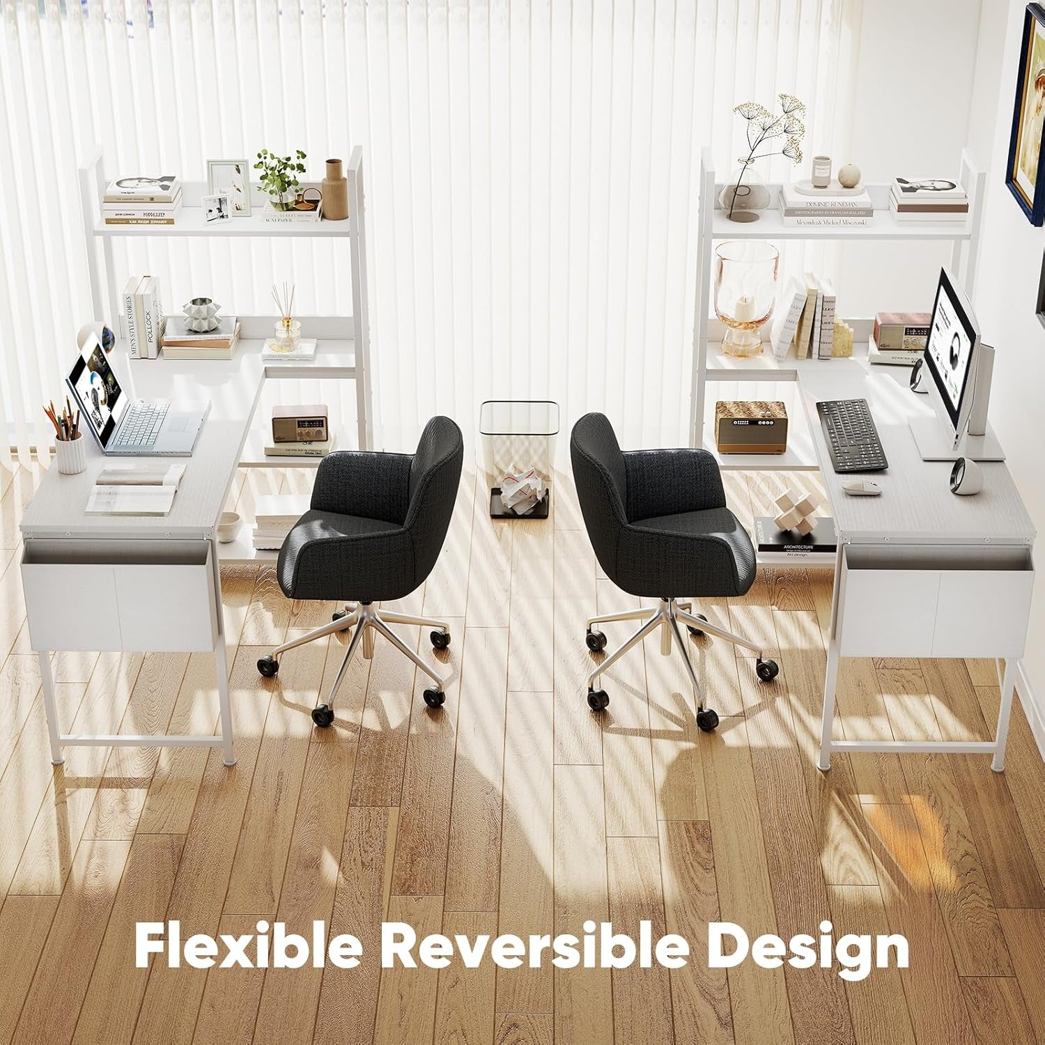 L Shaped Desk Corner Computer Table 47 Inch, L-Shaped Gaming Desks with Storage Shelf Reversible, Wood Tables with Side Bag Adjustable Feet for 2 Monitors Small Space Home Office Bedroom, White