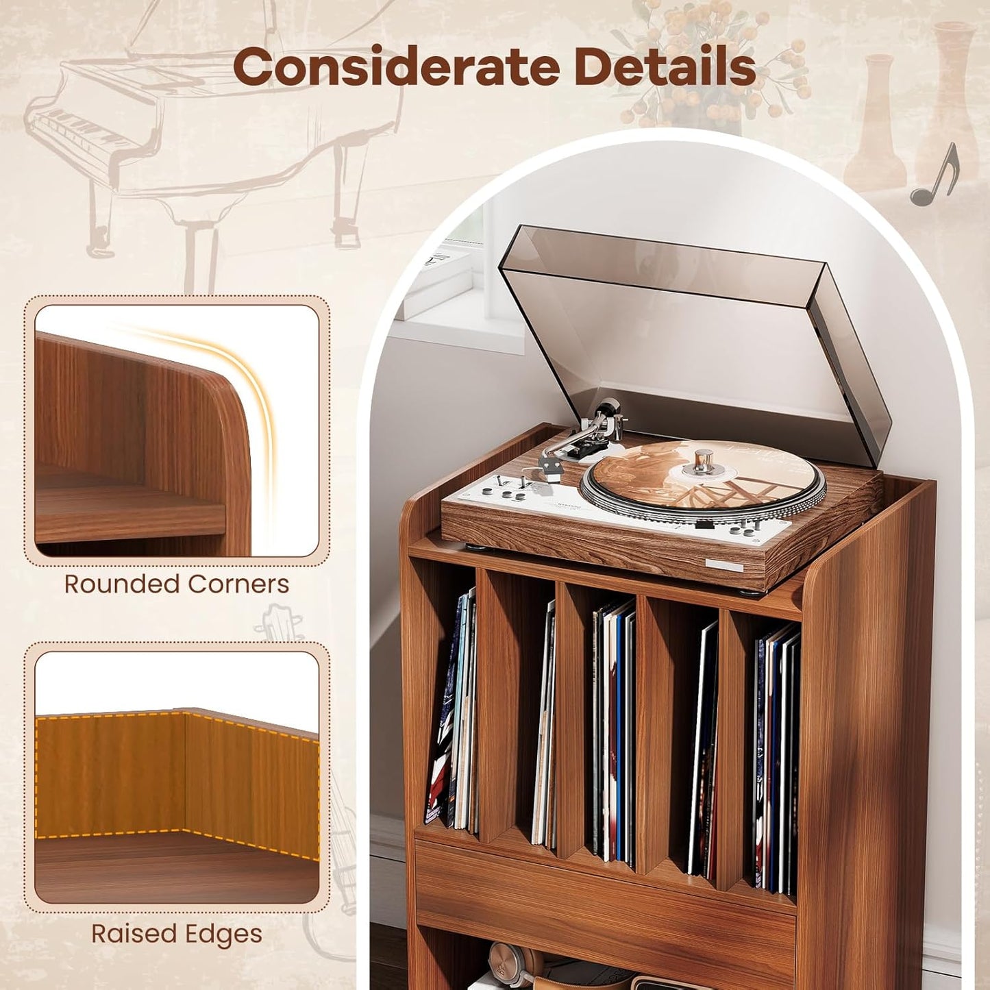 Record Player Stand, Rolling Turntable Stand with Drawer & Lockable Wheels, Record Player Table Holds up to 150 Albums, Vinyl Record Storage for Living Room Bedroom, Walnut