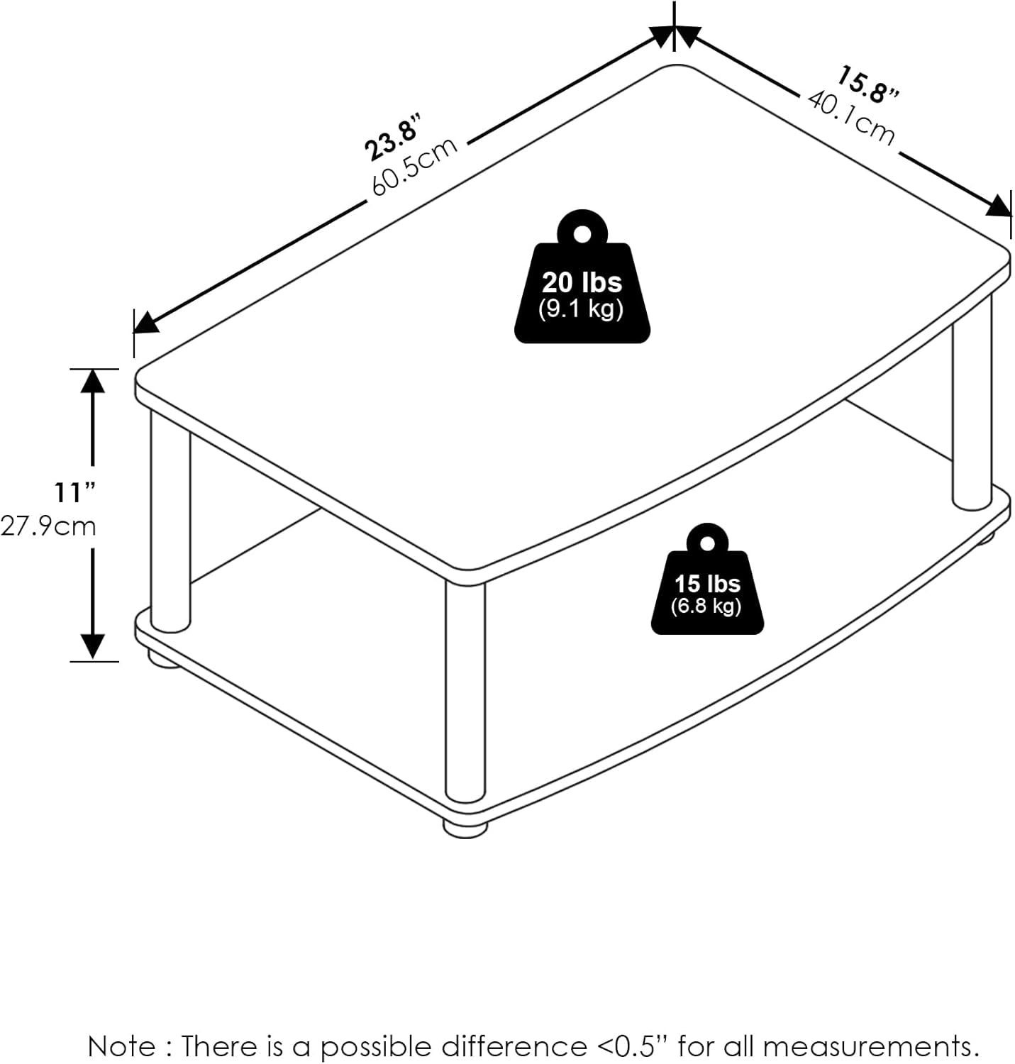 Turn-N-Tube TV Riser Stand, 2-Tier Small Elevated No Tools TV Stand, TV Console for TV up to 32 Inch, 15.8" X 23.8" X 11", White