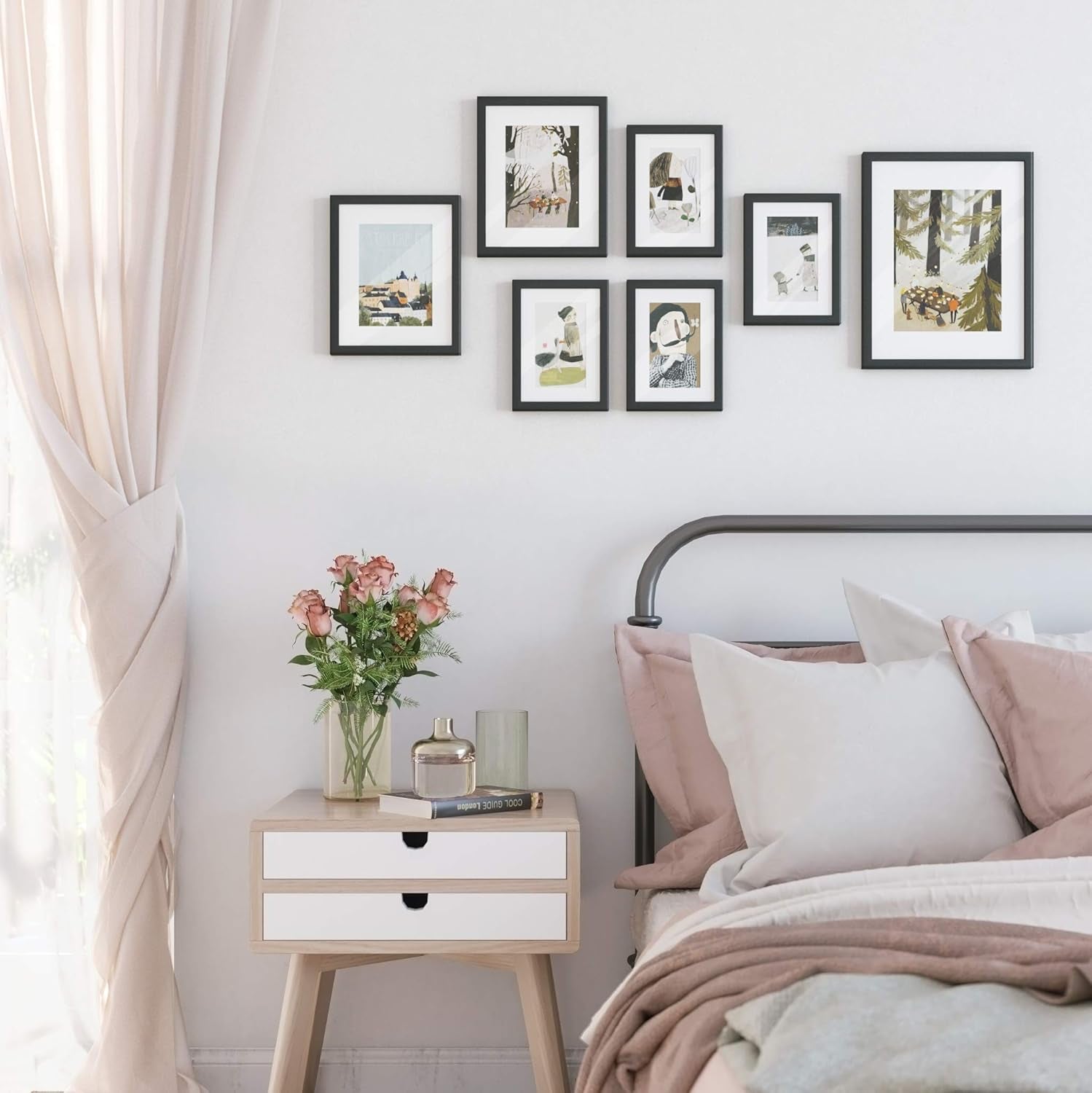 Picture Frames with 7 Mats, Set of 7 Collage Photo Frames, One 11X14, Two 8X10, Four 6X8 Frames, Hanging or Table Display, Glass, Black URPF37BK