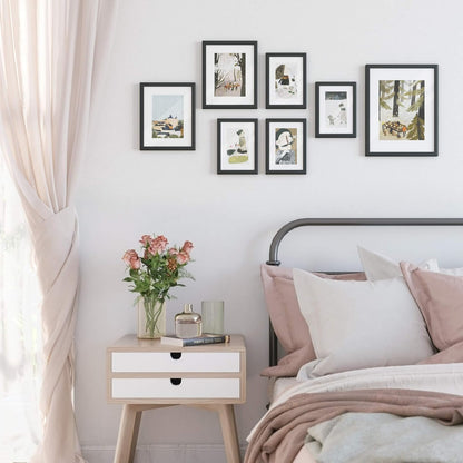 Picture Frames with 7 Mats, Set of 7 Collage Photo Frames, One 11X14, Two 8X10, Four 6X8 Frames, Hanging or Table Display, Glass, Black URPF37BK