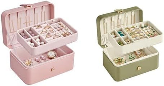 Jewelry Box, Travel Jewelry Case, 2-Layer Jewelry Holder Organizer, Gift Idea, Jelly Pink, Laurel Green, UJBC166R01 & UJBC166C02
