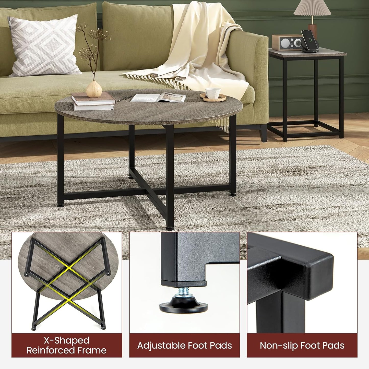 round Nesting Table Set of 3, Farmhouse Coffee Table W/2 End Tables, Sturdy Metal Frame, 3-Piece Wooden Living Room Table Set for Home Office, Apartment (Black Oak)