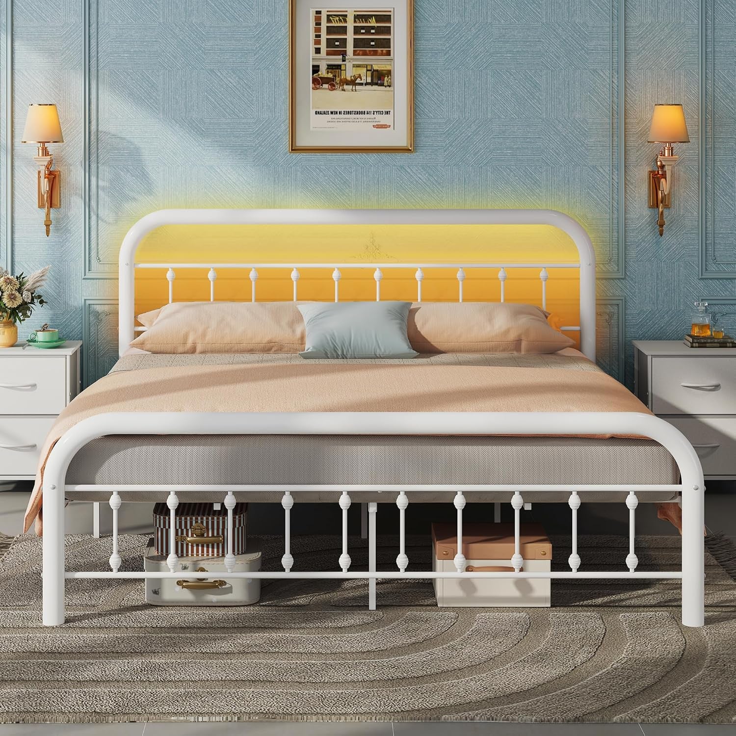 Bed Frame King Size, King Size Bed Frame and Headboard, King Bed Frames with LED Lights and Charging Station,No Box Spring Required,Easy Assembly,White