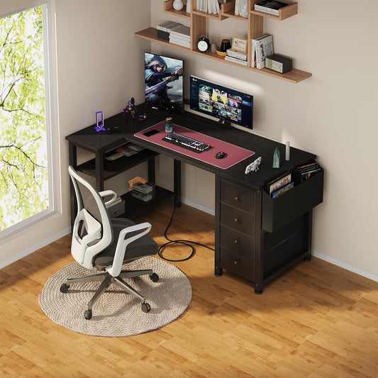 L Shaped Gaming Desk with Power Outlet, 47 Inch Reversible Corner Computer Desk with Drawers & Storage Shelves for Home Office Bedroom, L-Shaped Teen PC Desks with Fabric Drawer, Black