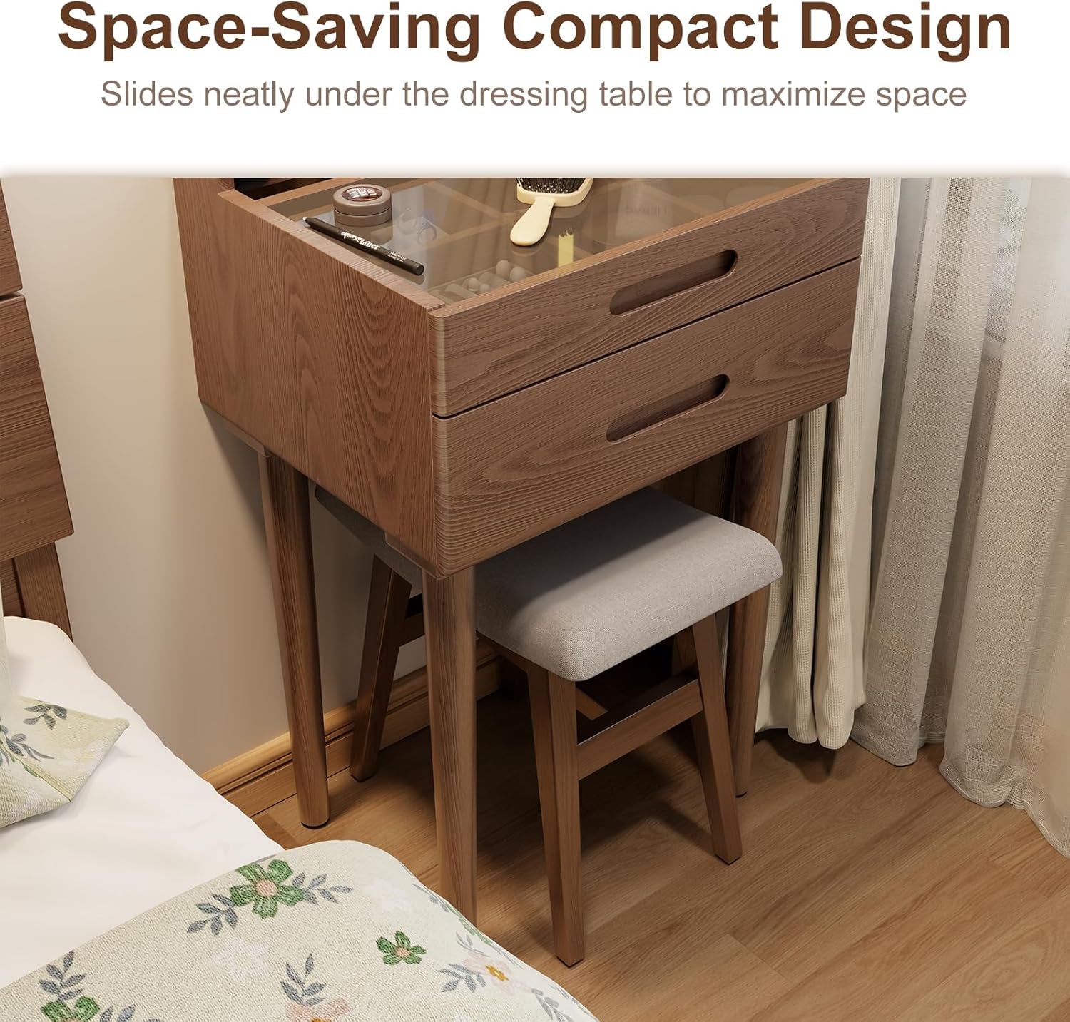 Solid Wood Small Vanity Stool, Compact Makeup Chair with Saddle Cushion, Linen-Covered High Rebound Sponge Seat, Easy Assembly Footstool for Bedroom, Entryway, Home, Walnut