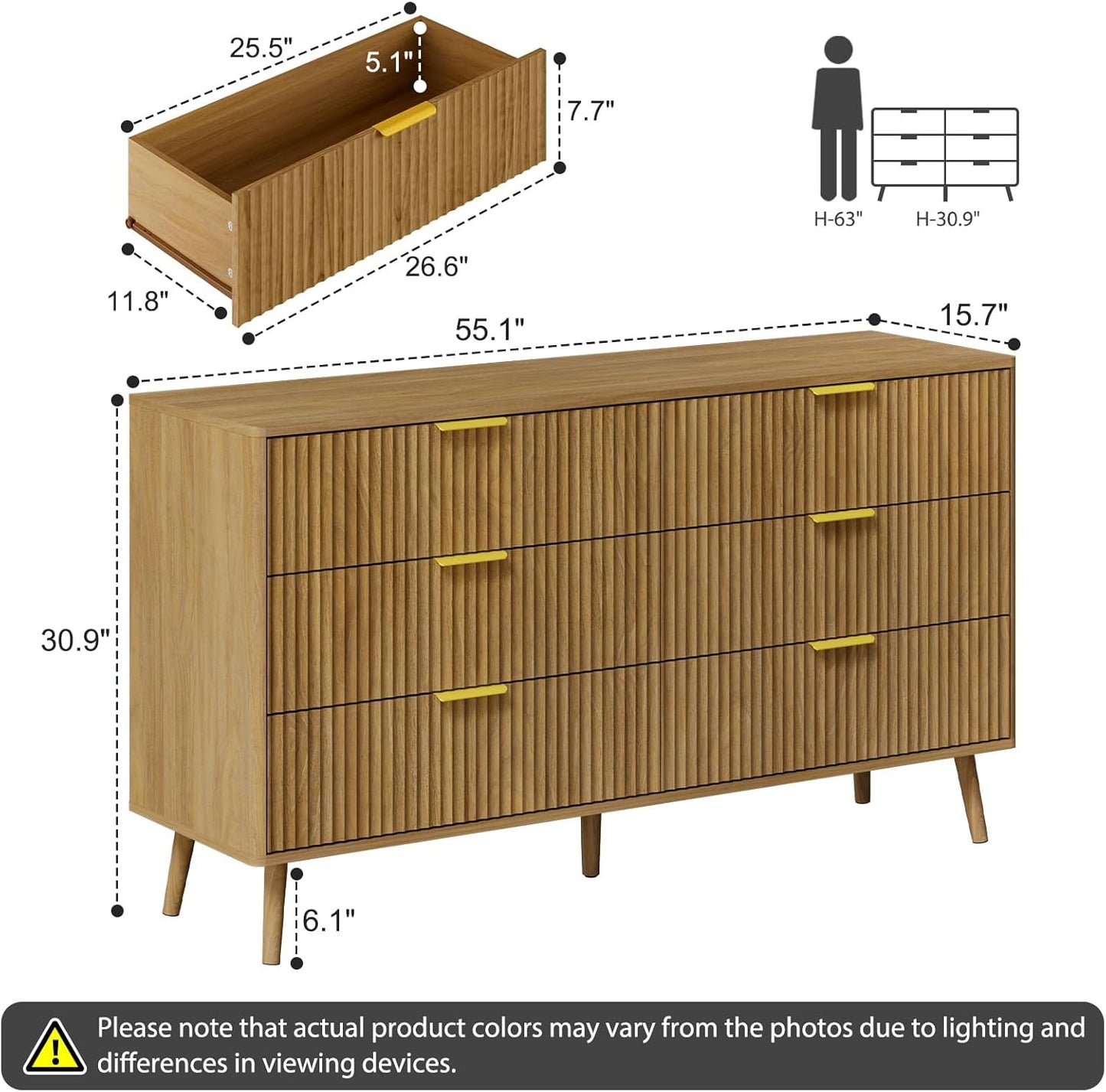 Fluted Dresser and Nightstand Set, 3 Pieces Bedroom Set, 55 Inch Wide 6-Drawer Dresser & 1-Drawer Nightstands Set of 2, Modern Dressers Set for Bedroom, Hallway, Natural Oak