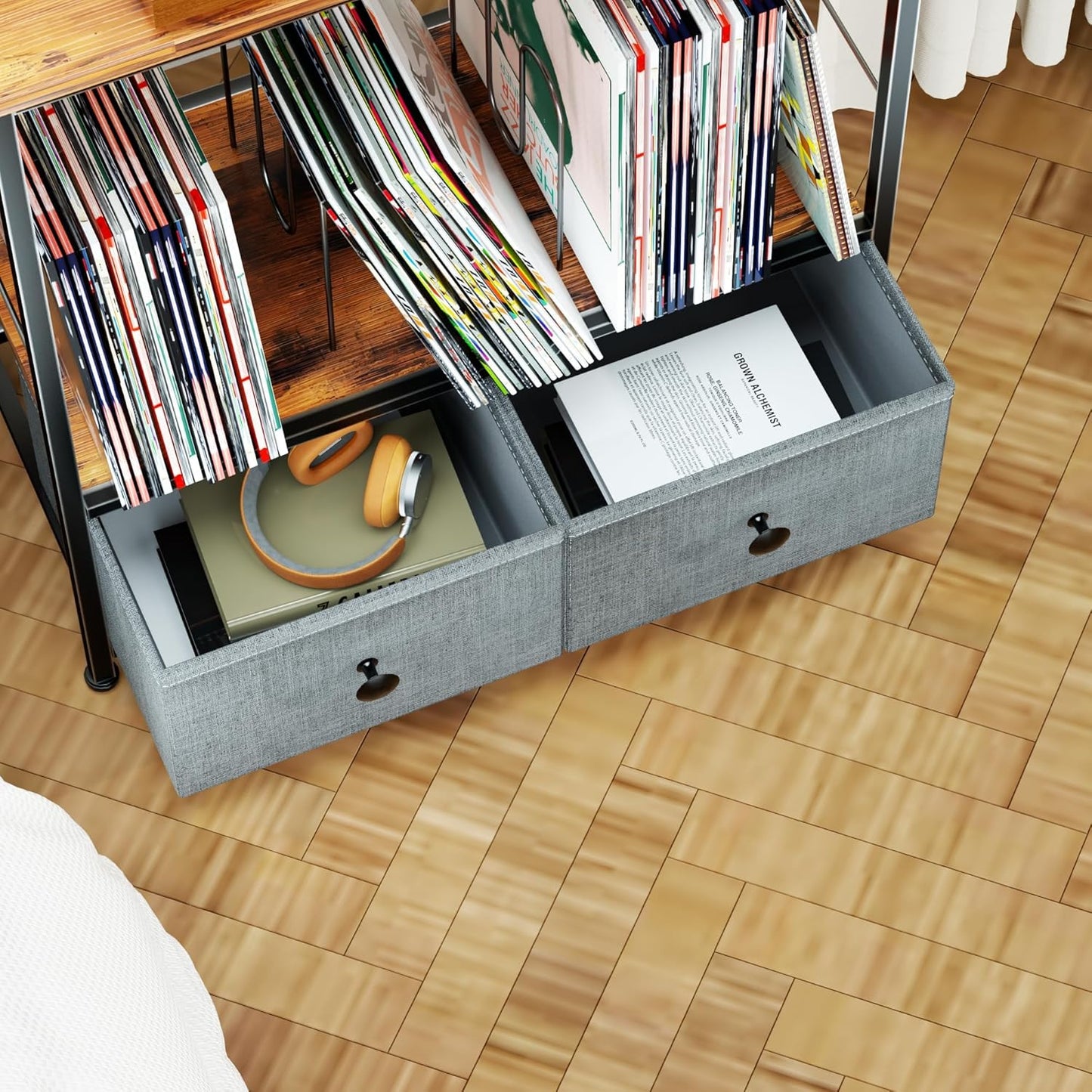 Record Player Stand with Vinyl Storage, 2-Tier Record Shelf Table with Fabric Drawer, Holds up to 110 Vinyl Records, Record Player Table for Turntable and Albums, 23.62"D × 11.81" W× 25.59"H