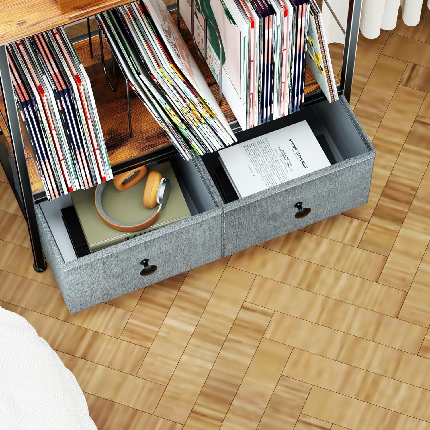 Record Player Stand with Vinyl Storage, 2-Tier Record Shelf Table with Fabric Drawer, Holds up to 110 Vinyl Records, Record Player Table for Turntable and Albums, 23.62"D × 11.81" W× 25.59"H