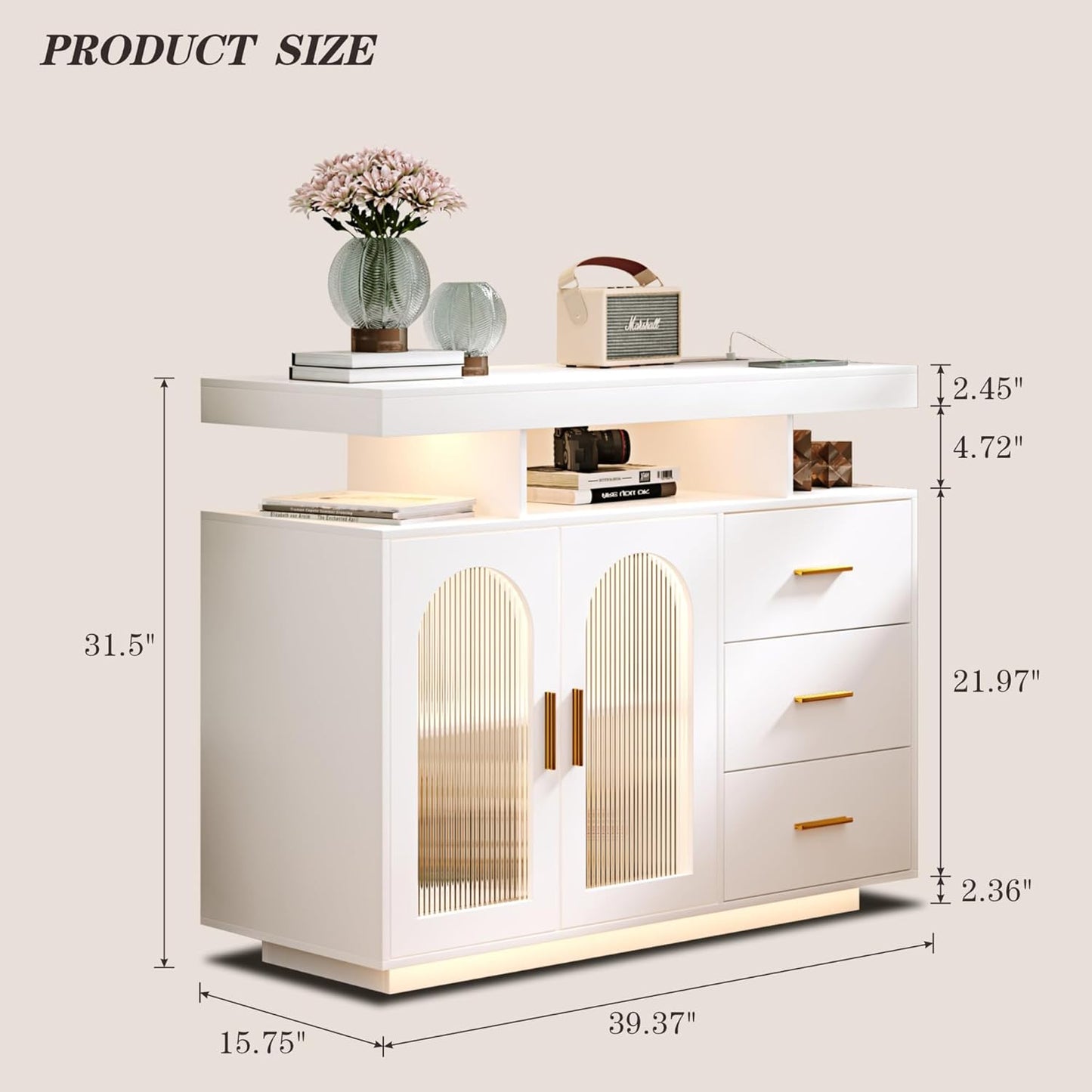 Sideboard Buffet Cabinet with Charging Station, Coffee Bar Table with RGB LED Light, Auto-Sensor Design, Bar Cabinet with Storage with 3 Drawers and 2 Doors for Kitchen, Dinning(White)