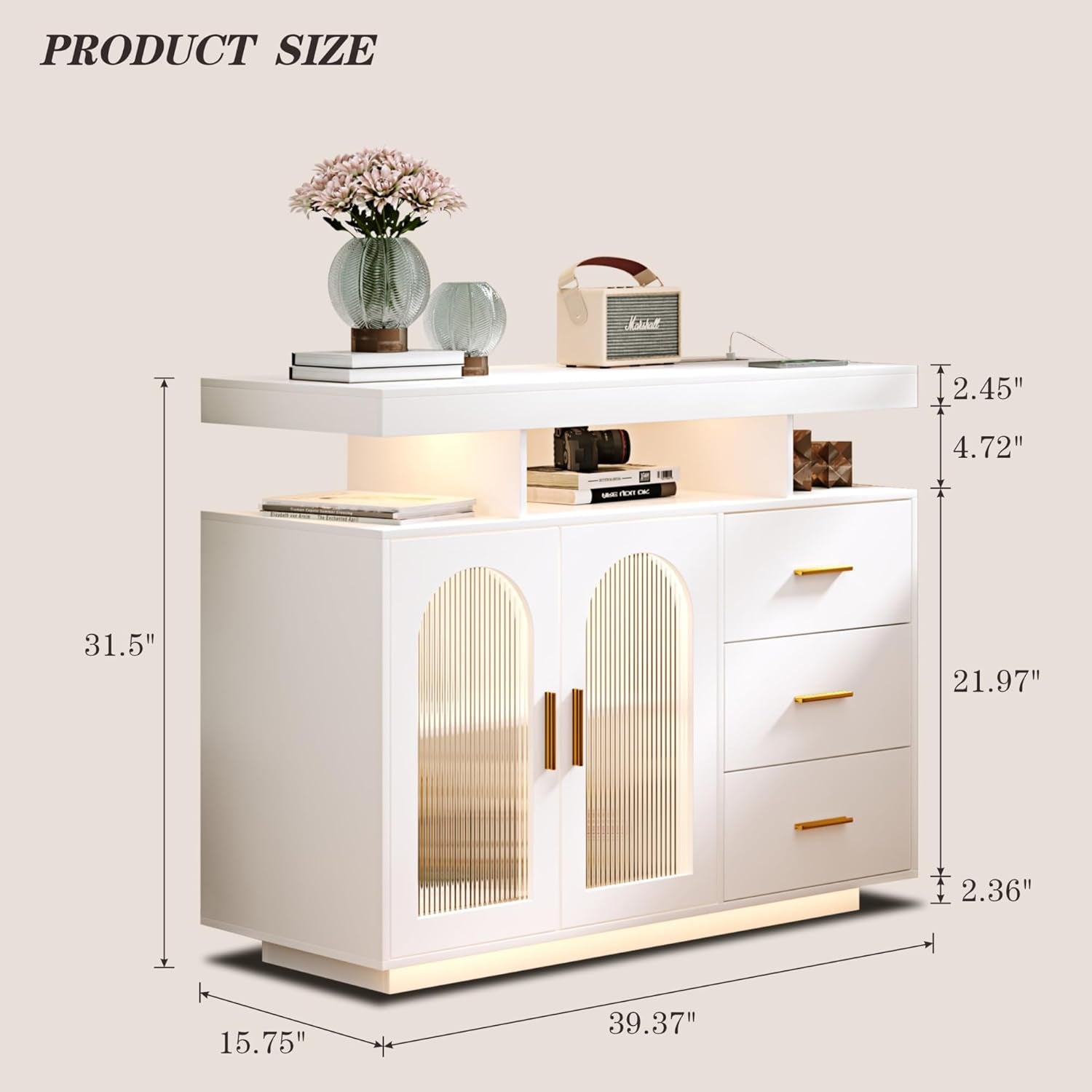 Sideboard Buffet Cabinet with Charging Station, Coffee Bar Table with RGB LED Light, Auto-Sensor Design, Bar Cabinet with Storage with 3 Drawers and 2 Doors for Kitchen, Dinning(White)