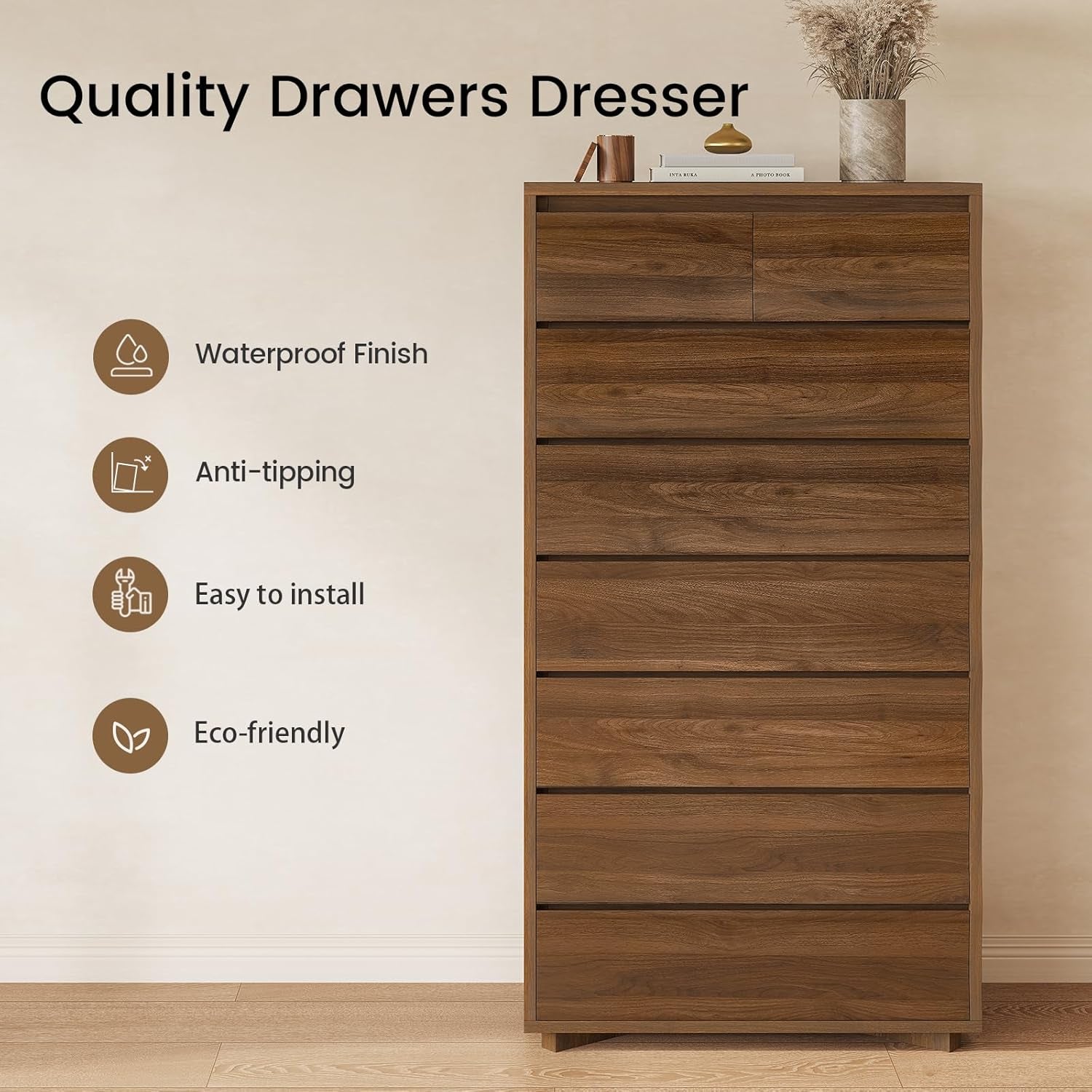 Tall Dresser for Bedroom, 61.1" Tall Dresser with 8 Drawers, Wood Dressers & Chests of Drawers, Accent Upright Drawer Organizers for Closet, Hallway