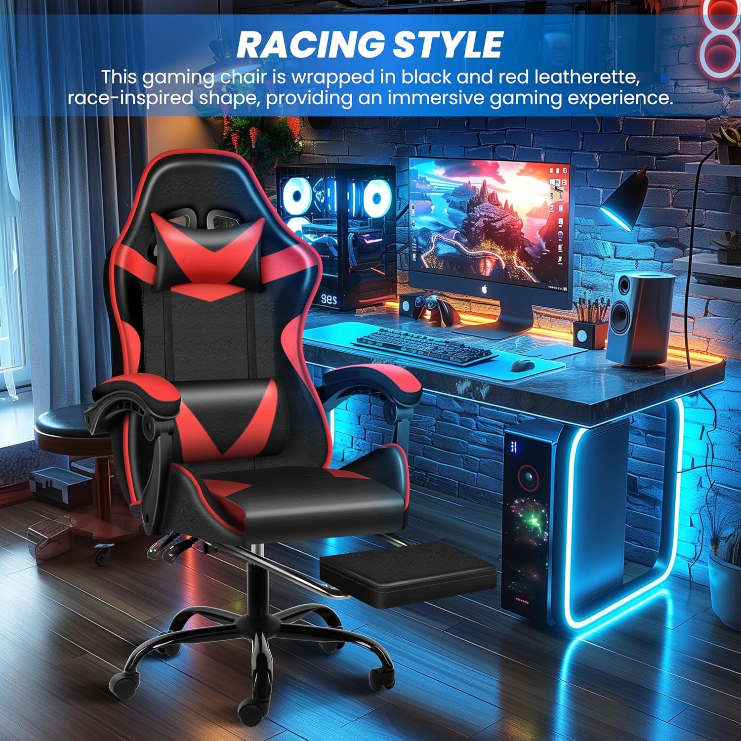Gaming Chair, High Back Office Computer Desk Chair with Adjustable Lumbar Support, Recliner Swivel Video Game Chair with Footrest, Height Adjustable Seat and Backrest, Black/Red