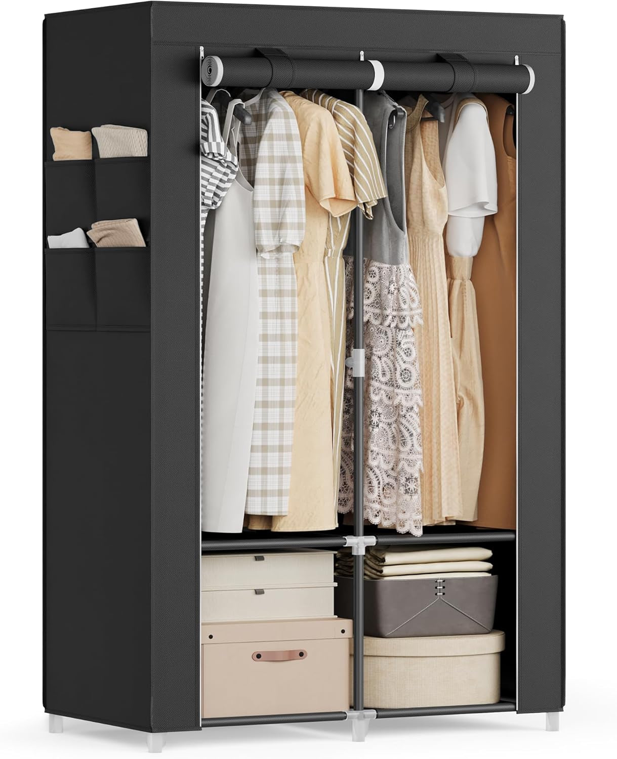 Portable Closet, Wardrobe Closet Organizer with Cover, 2 Hanging Rods and Shelves, 4 Side Pockets, 33.9 X 17.7 X 65.7 Inches, Large Capacity for Bedroom, Living Room, Ink Black URYG091B01