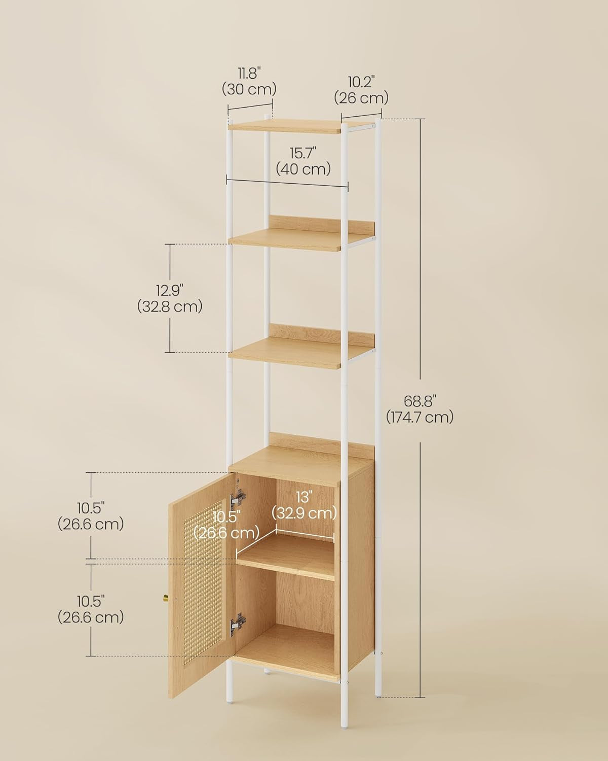 6-Tier Bookcase, Bookshelf with Rattan-Like Door, Boho Style, Freestanding 15.7-Inch Wide Storage Shelf, Metal Frame, Adjustable Shelf, for Living Room, Oak Beige and Pearl White ULLS122W57