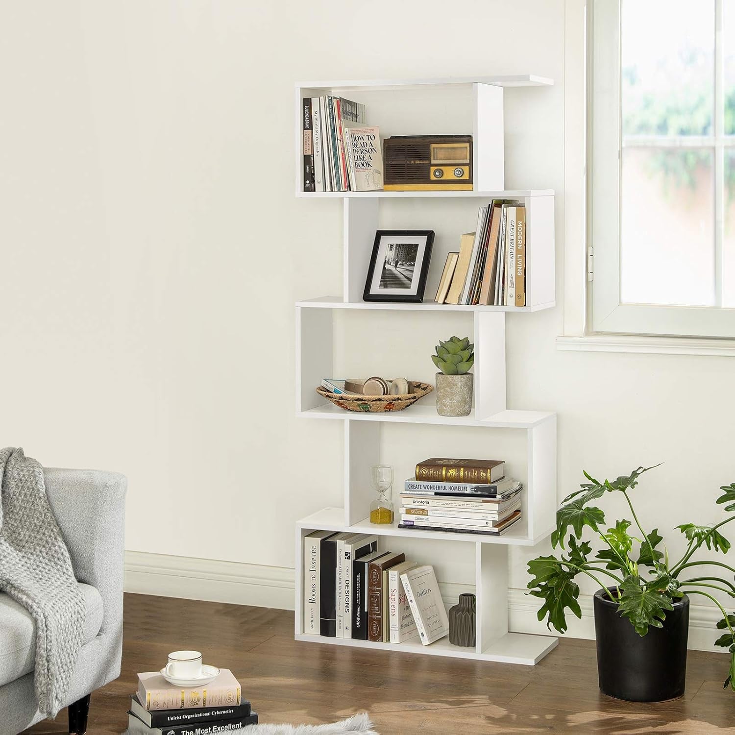 Wooden Bookcase, Display Shelf and Room Divider, Freestanding Decorative Storage Shelving, 5-Tier Bookshelf, Greige ULBC062M01 9.4D X 27.6W X 62.6H In