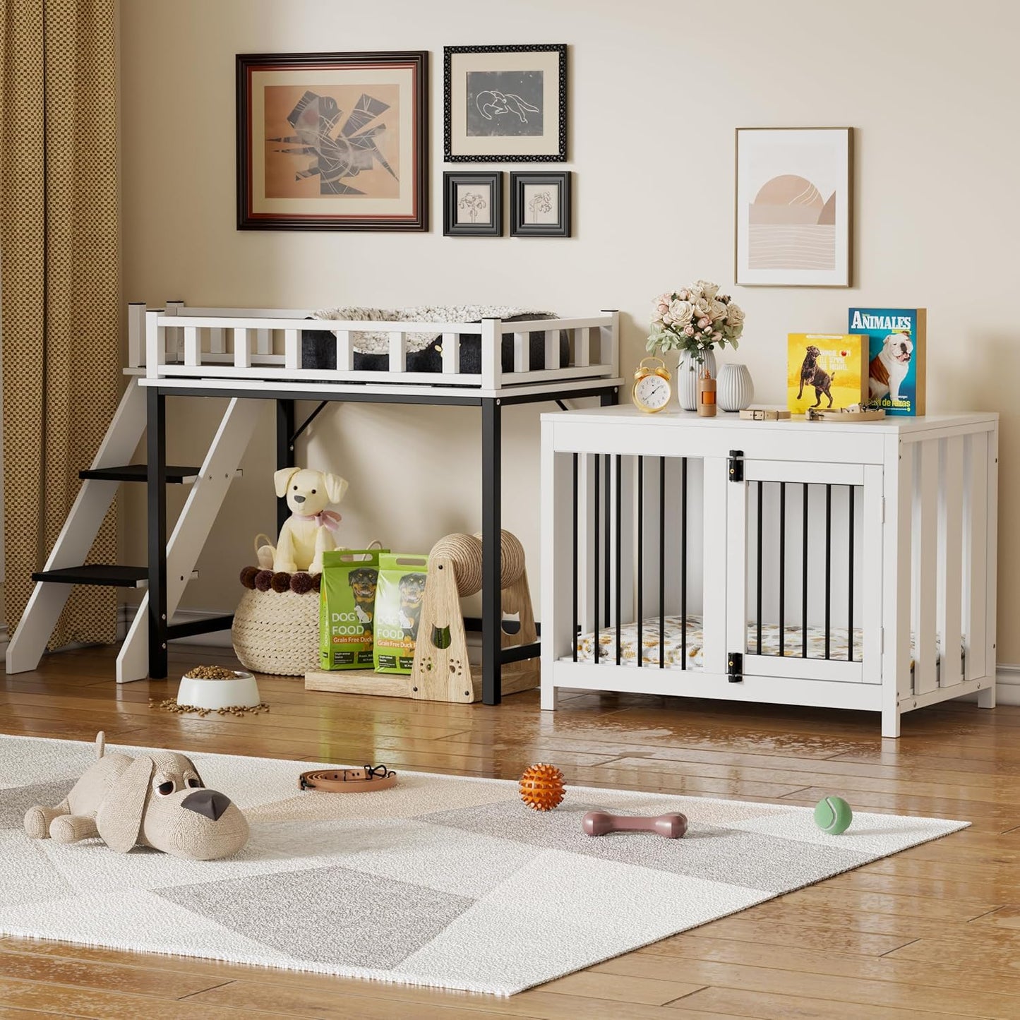 Dog Crate Furniture, Pet Bunk Bed with Stairs and Storage, Dogs/Cats Window Perch, with Multi-Purpose Blanket and Fluffy Dog Bed for Small Medium Size (55.1L X 28.5" W X 37.4" H)